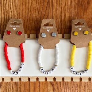 Handmade Beaded 'Be Kind' Kids Bracelets - Red, White, Yellow w/Matching Studs
